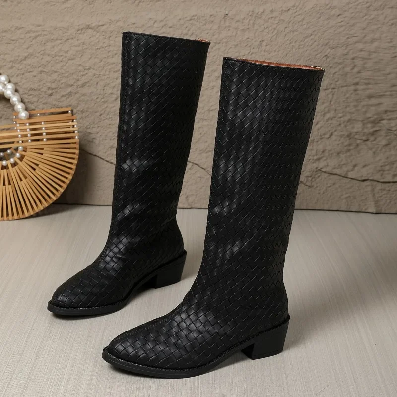 

2025 Spring Autumn Women's Fashion Boots Pointed Toe Rough Heel Weaving Plaid One Kick High Boots Leisure Women Knee-high Boots