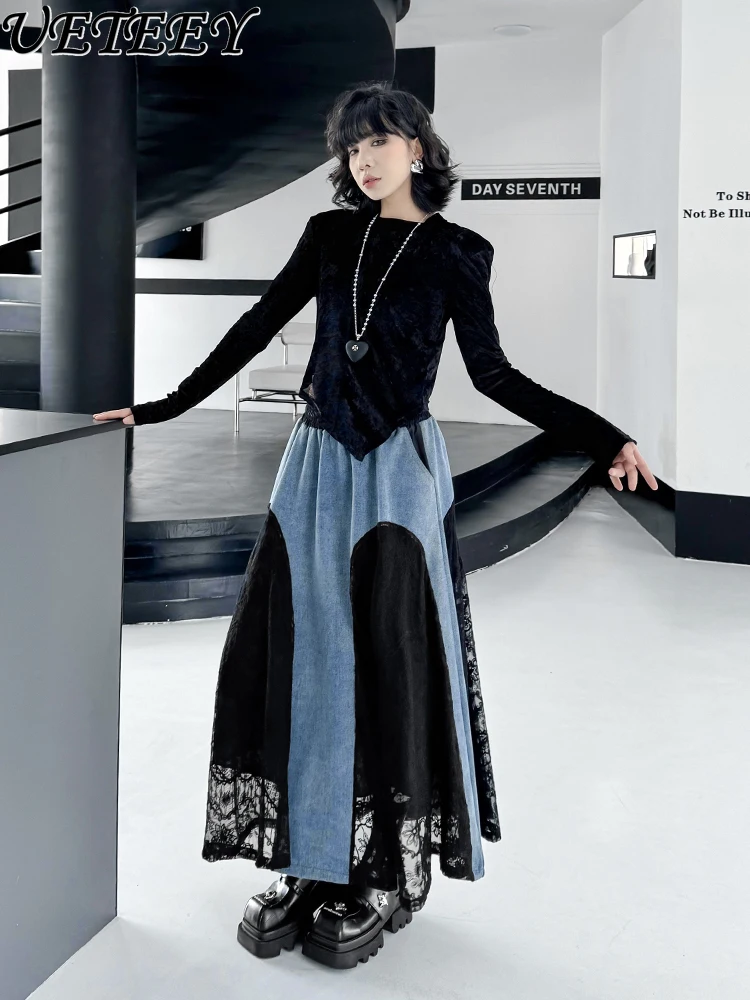 

High-quality Niche Design Embroidered Lace Splicing Denim Skirt Women 2025 Summer and Autumn New Medium and Long A-shaped Skirt