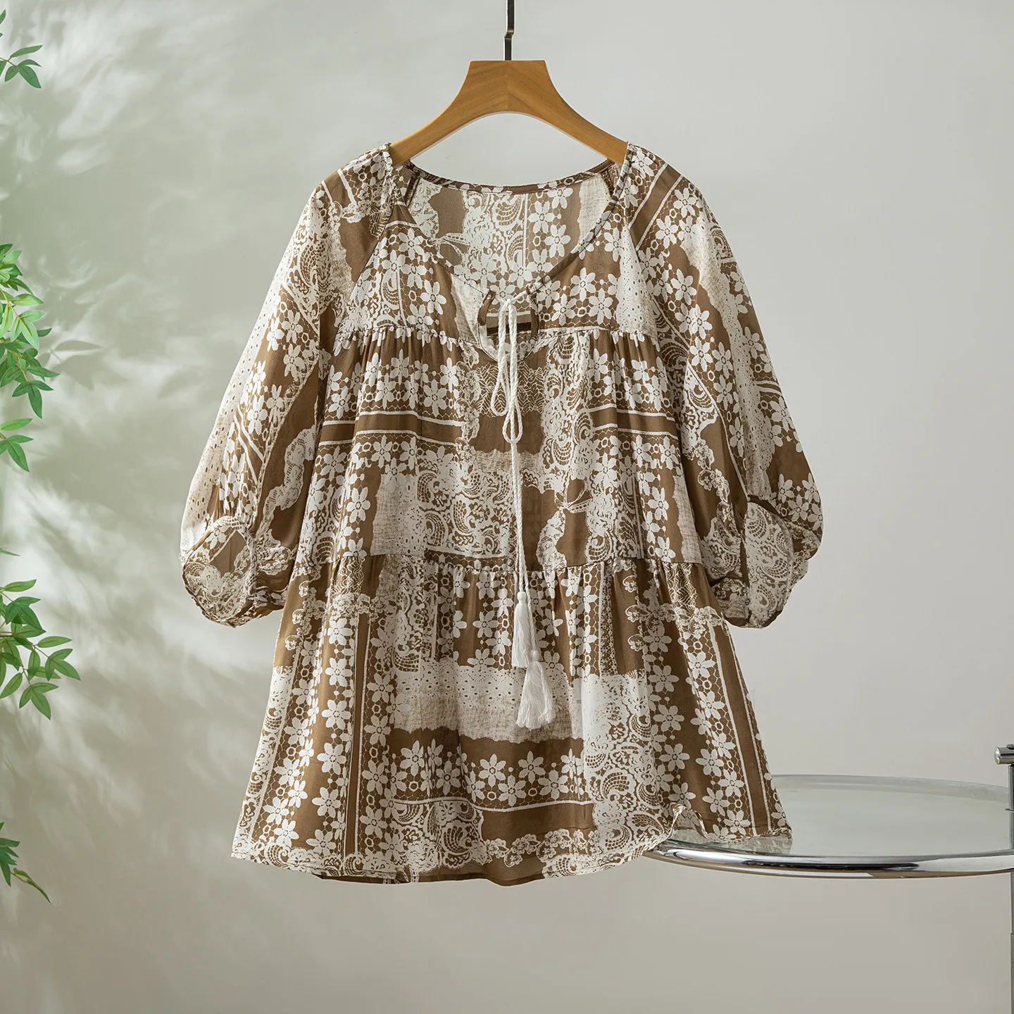 Winsleter-100%Real Silk Double Crepe Elegant T-Shirt, Lantern Sleeve Print, Women Retro Tassel Top, 2026 Summer New T65601CC