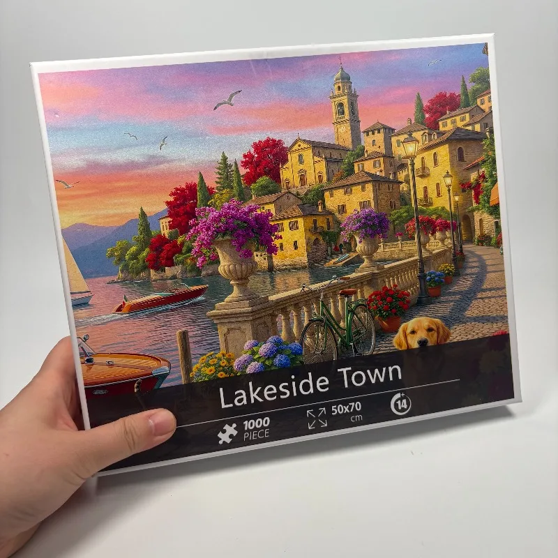 1 Box of 1000 White Card Adult Puzzles, Lakeside Town 70x50cm 27.6x19.7 Inches, Best Gift Festival | Tranquil Waterside Village