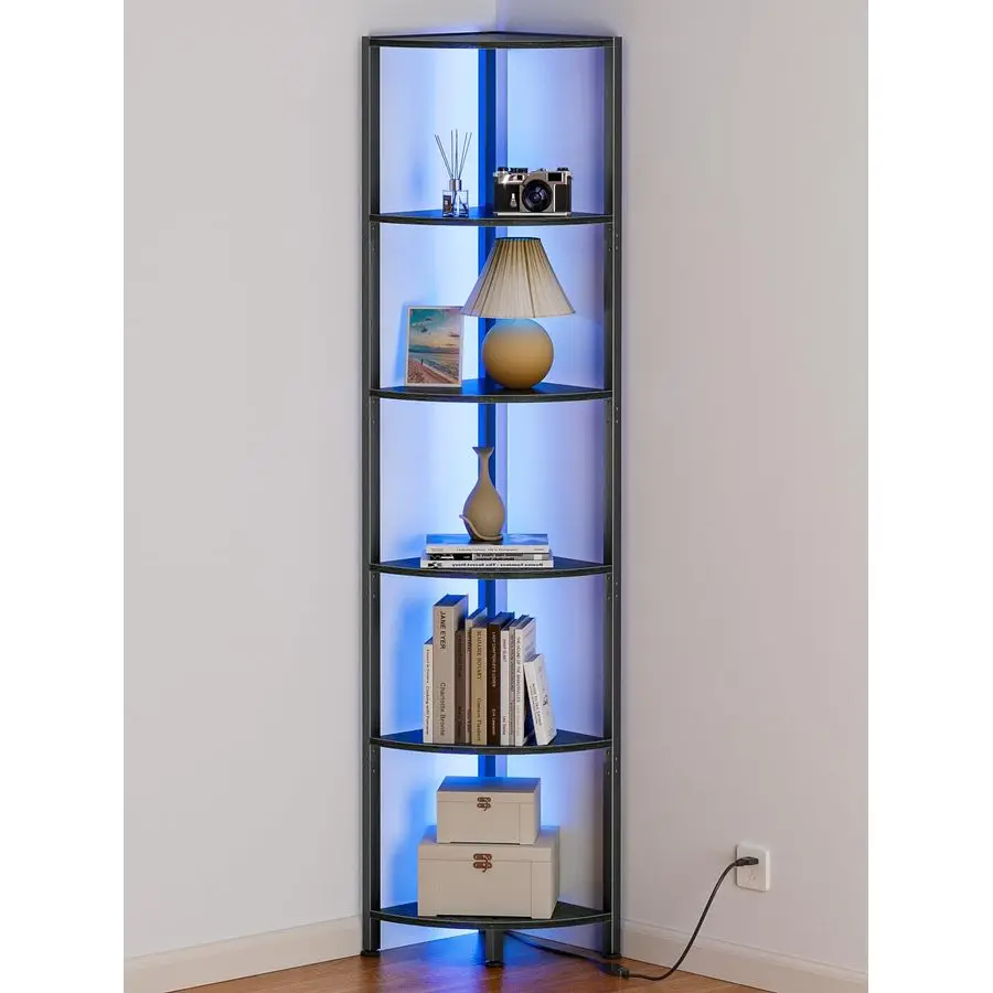 

6 Tier Corner Shelf with LED Light, 67.5 Tall Standing Shelf Organizer, Black Narrow Bookshelf with Storage Rack for Wall Corner