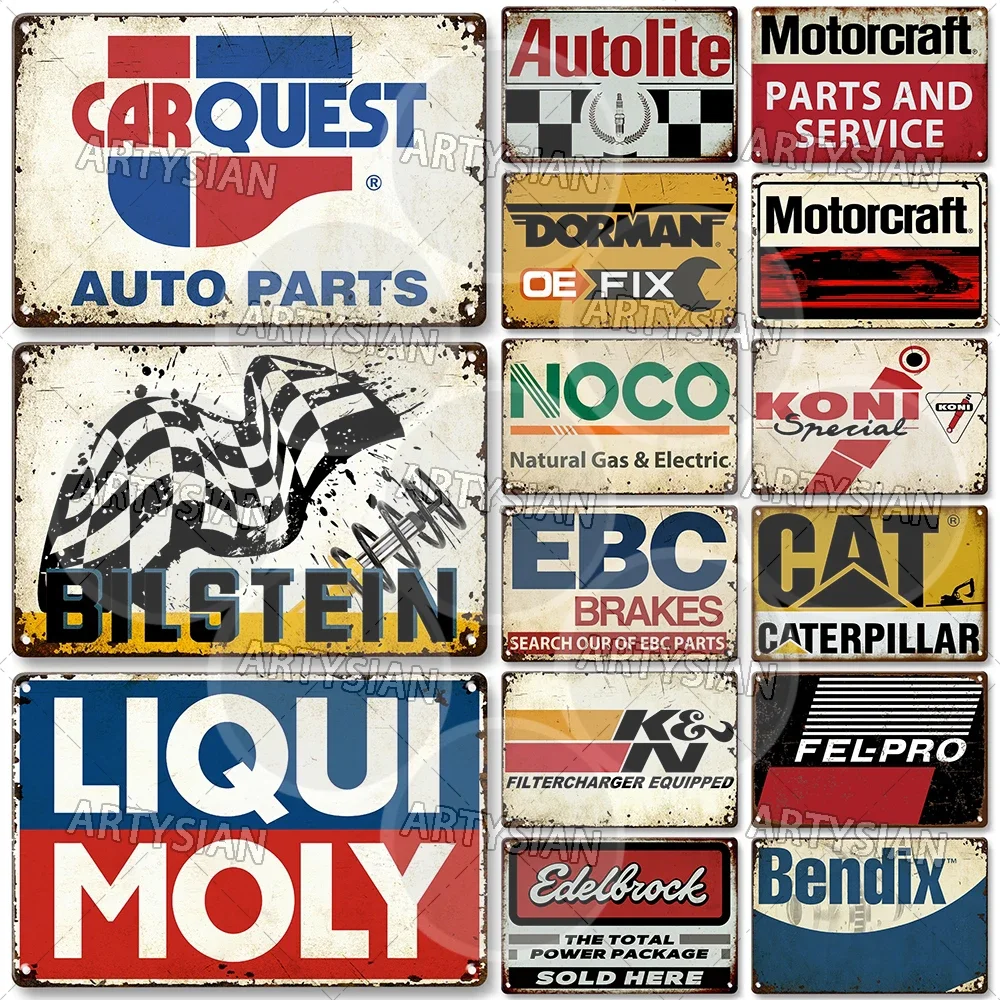 Racing Garage Workshop Mechanic Automotive Car Parts Fuel Ads Metal Sign Liqui Moly Bilstein ACDelco EBC Brakes NOCO Dorman