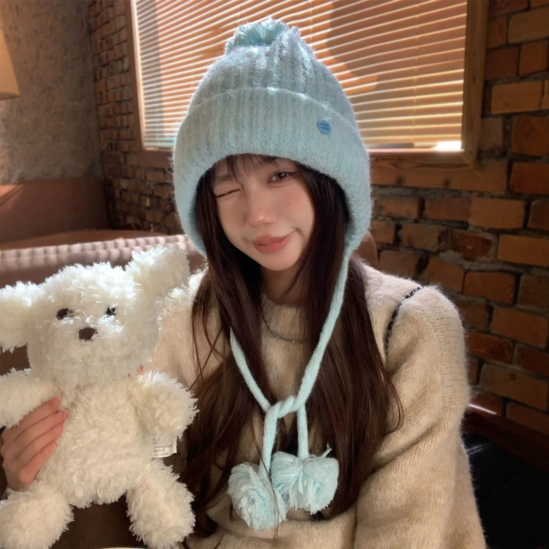 Blue Hats Dopamine Candy Color Knit Beanie For Women Autumn Winter Windproof Ear Protection Warm Beanie With Pom Pom Ribbon Caps