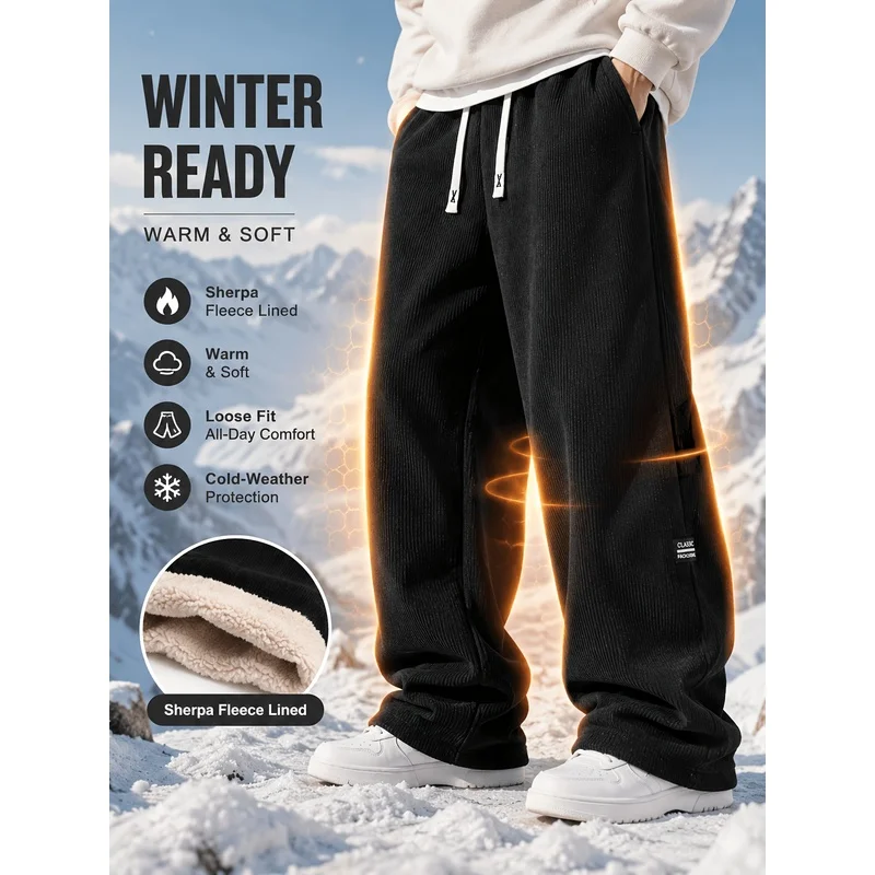 Winter Men's Thickened Loose Corduroy Casual Pants Drawstring Warm Straight Trousers Male Man Thermal Clothes Padded Sweatpants