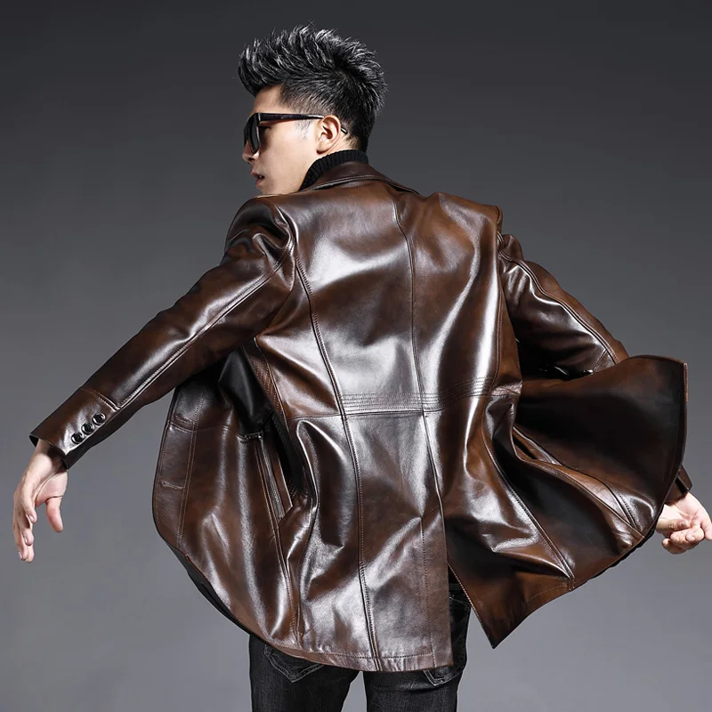 

Men's Genuine Leather Handsome Trench Coat Natural Sheepskin Mid-Length Suit Collar Youth Autumn Bronze Color Leather Jacket Men