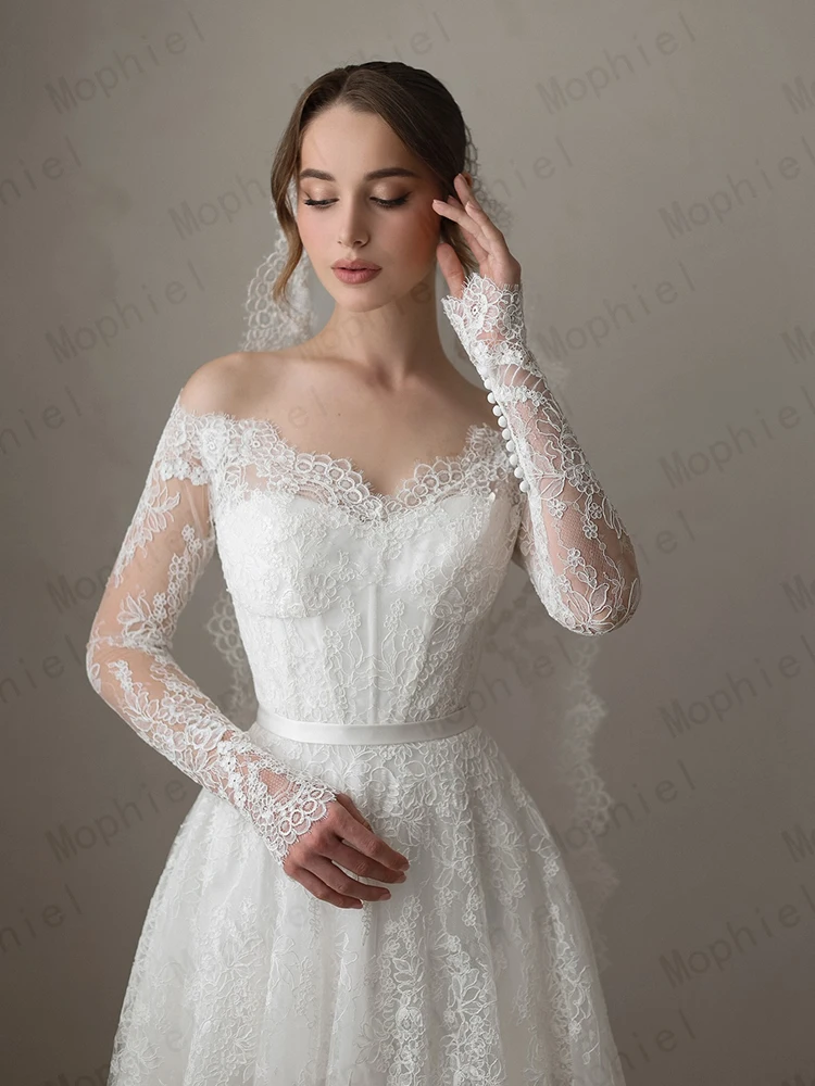 Mophiel Lace Wedding Dresses Long Sleeve Square Neck A Line White Bride Dress Sweep Train Button Church Bridal Gowns Customized