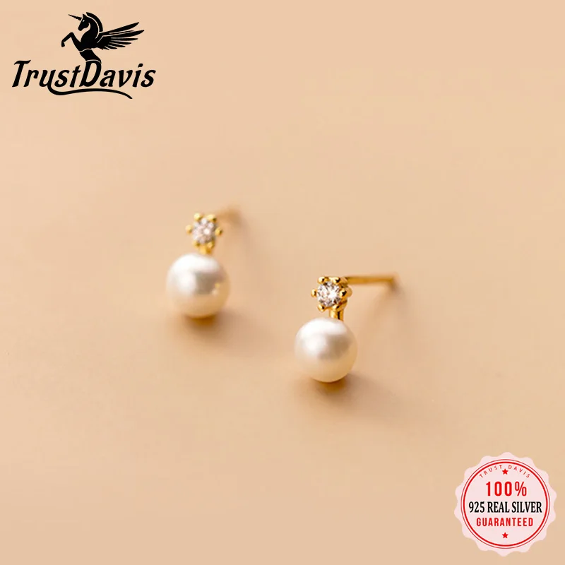 TrustDavis Real 925 Sterling Silver Fashion Freshwater pearl CZ Stud Earrings For Women Wedding Party Fine S925 Jewelry DA2125