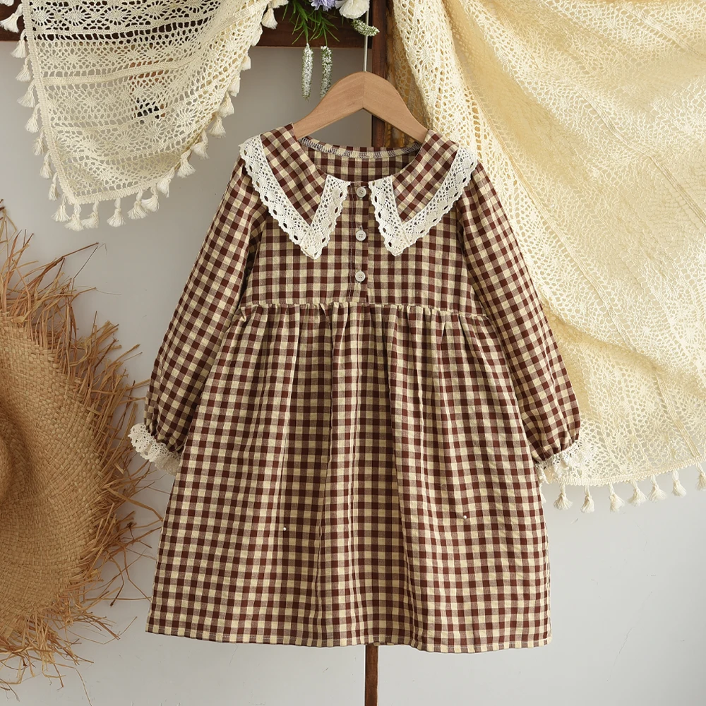 Bear Leader 3 To 7 Years Old Yellow Checkered Printed Girls Casual Dresses Autumn New Long Sleeved Lace Lapel Children's Dress