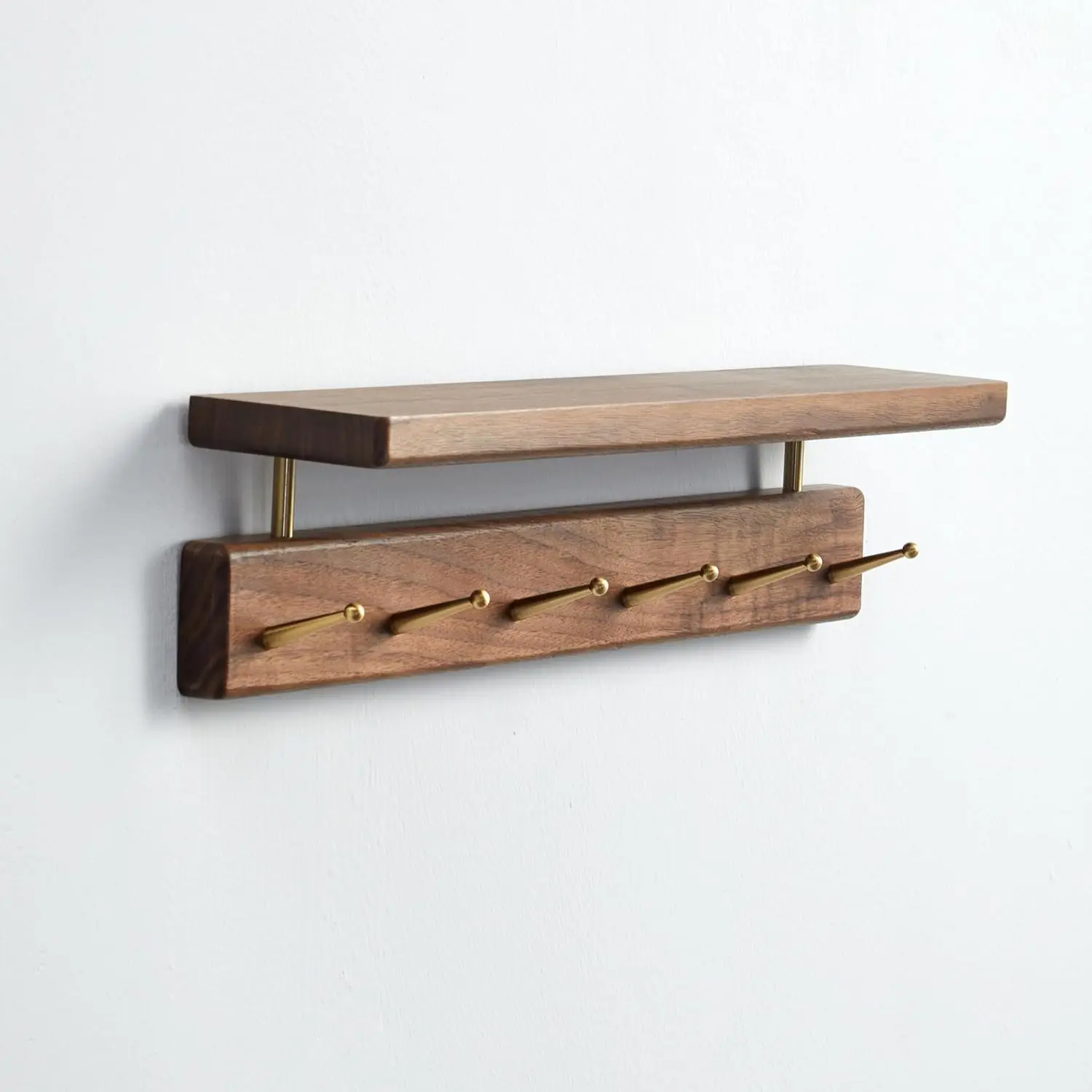 

19" Wall Mounted Coat Rack with Shelf, 6 Brass Hooks, Solid Wood Entryway Organizer, Rustic Storage for Hats, Keys, Bags