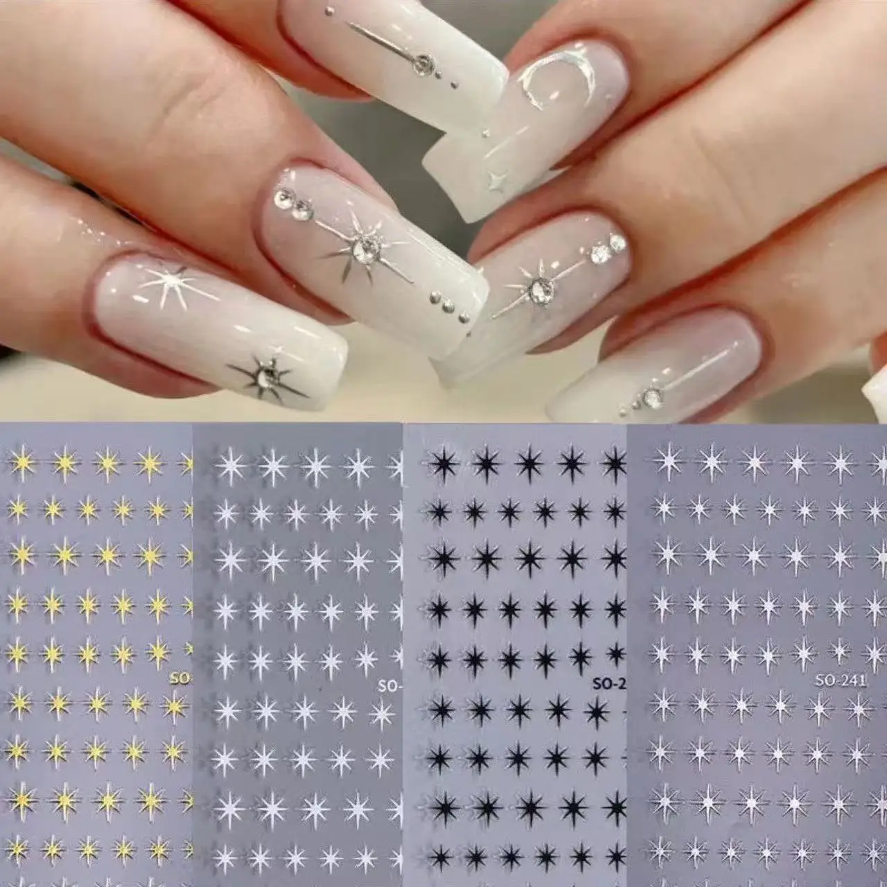 

Ins Style 8 Point Star Nail Stickers Silver Hot Stamping Black White Self Adhesive Waterproof for Manicure Beginners