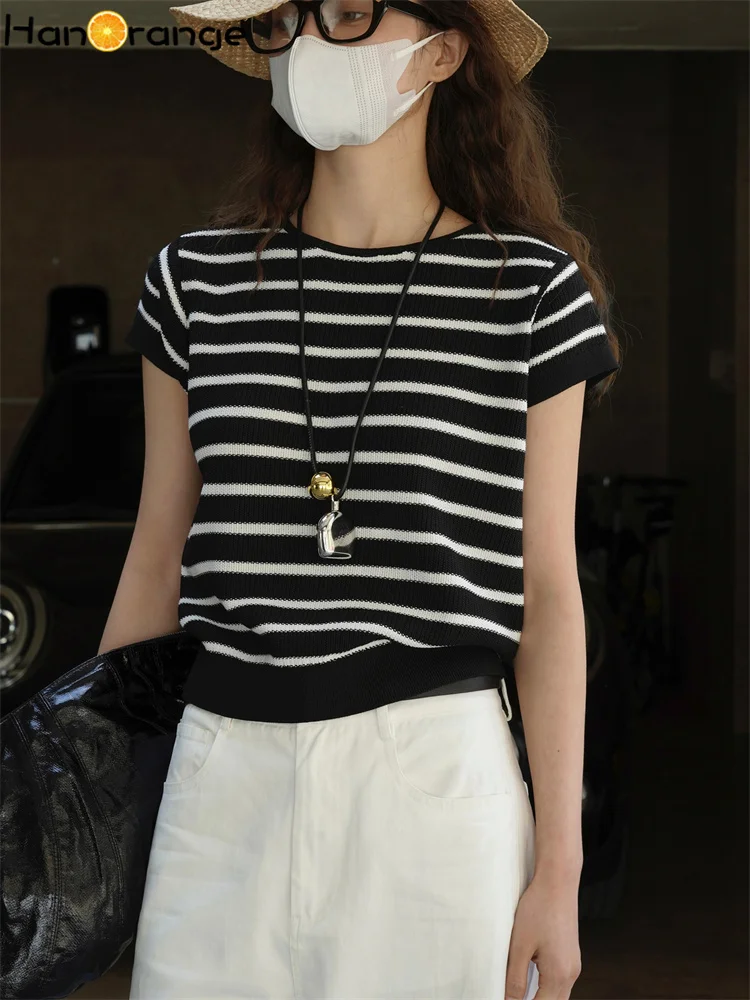 HanOrange 2026 Summer Retro Lazy Striped Contrasting Knit T-shirt Women Comfortable Breathable Tees Black/Purple