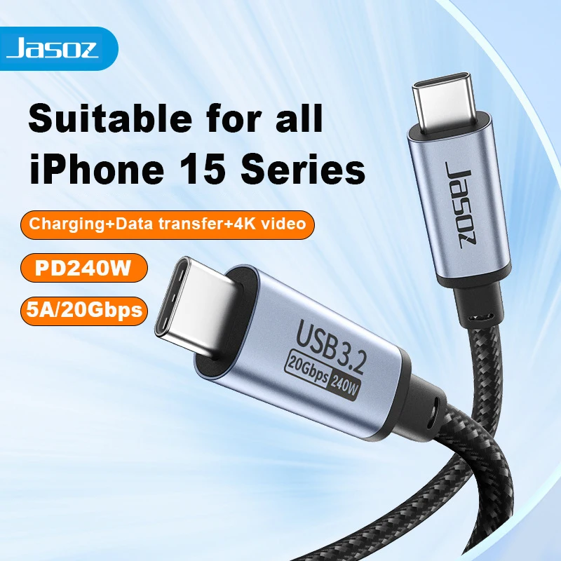 Jasoz USB C to Type C Cable DP240 20Gbps USB3.2 Fast Charging Video 4K@60Hz for iPhone 15 ProMax Thunderbolt 4 USB C Data Cable