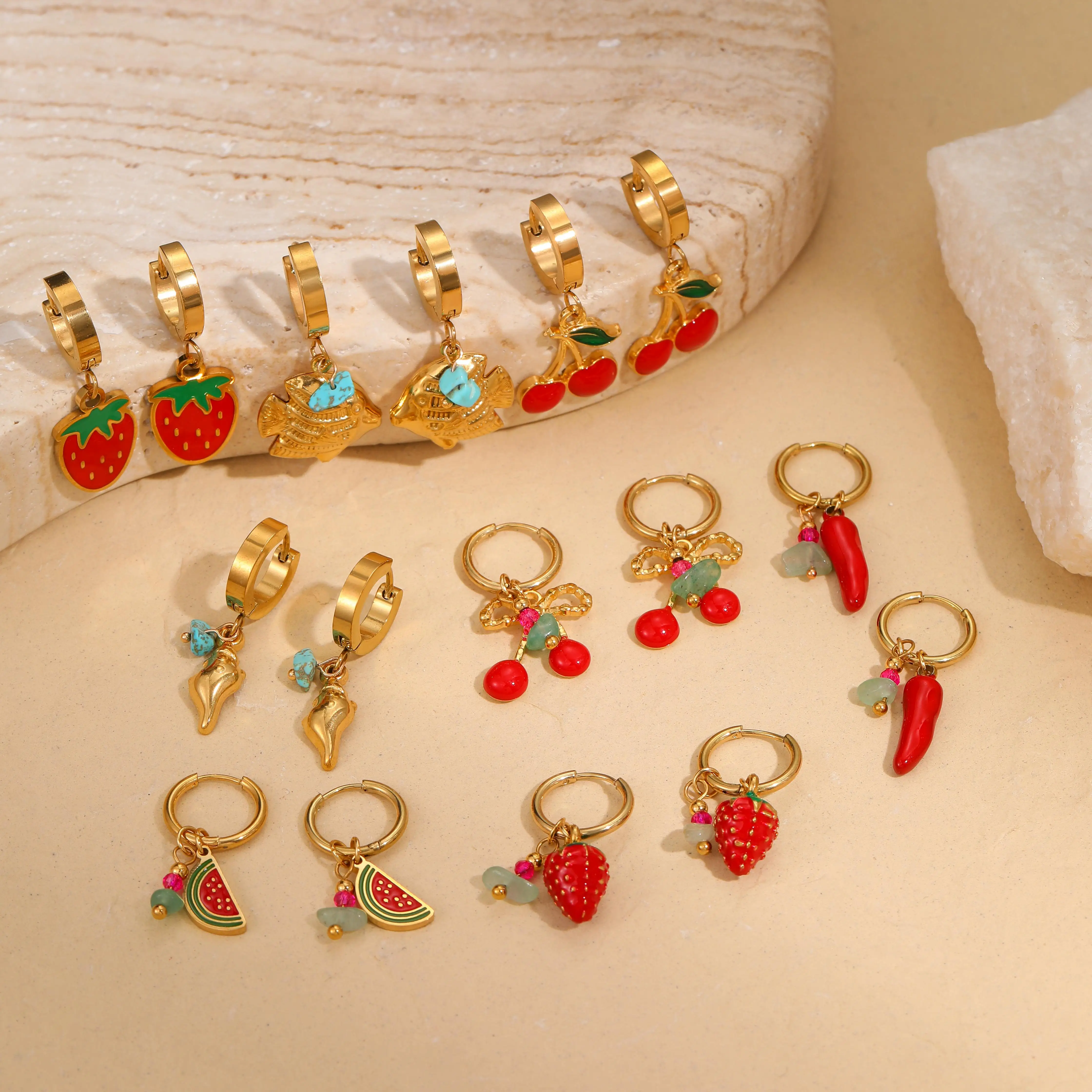 Kissmoon Fashion Fruit Oil Dripping Cherry Strawberry Hoop Earrings Stainless Steel for Women Party Brithday Jewelry Gifts