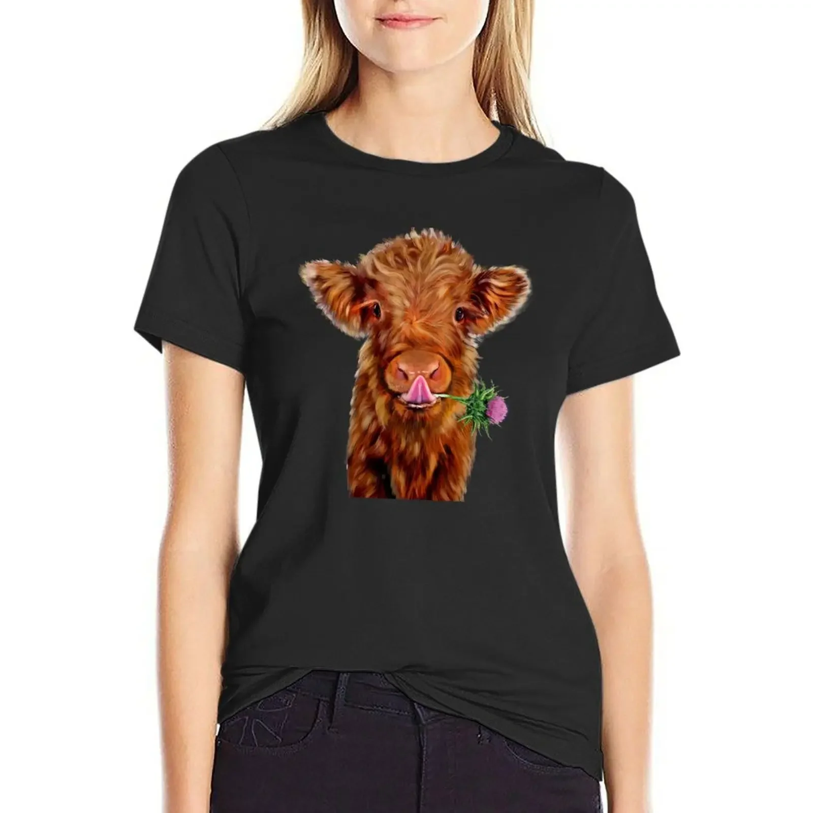 Baby Highland Cow with Thistle Flower T-shirt oversized lady clothes summer top t-shirt dress for Women graphic