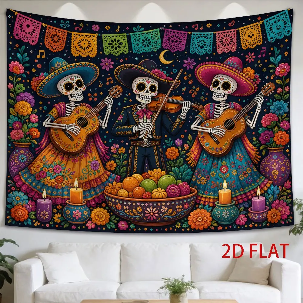 1pc Tapestry Day Of The Dead Skeleton Musicians Playing Instruments Colorful Festive Scene With Flowers Candles And Papel Picado
