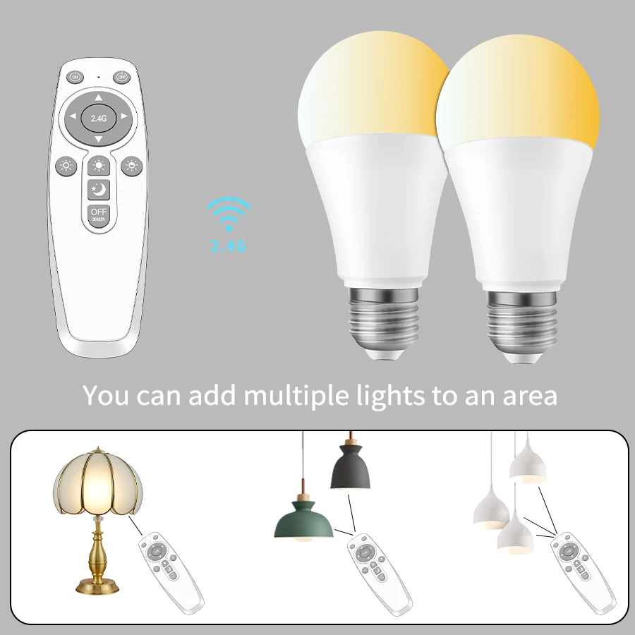 RF 2.4G Remote Control LED Bulb AC 86-265V 12W E27  Color Temperature Adjustable Lamp 2700-6500K Dimmable Timing Energy Saving