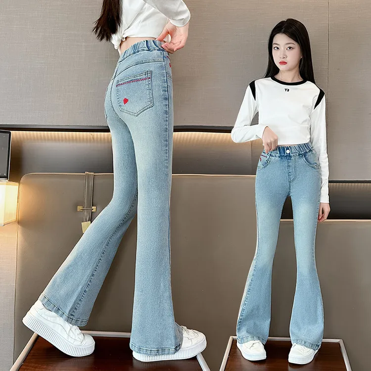 Spring Autumn New Arrvial Fashion Jeans for Girls with Heart pocket Kids Vintage Tight Denim Flare Pants Teenage Slim Trousers