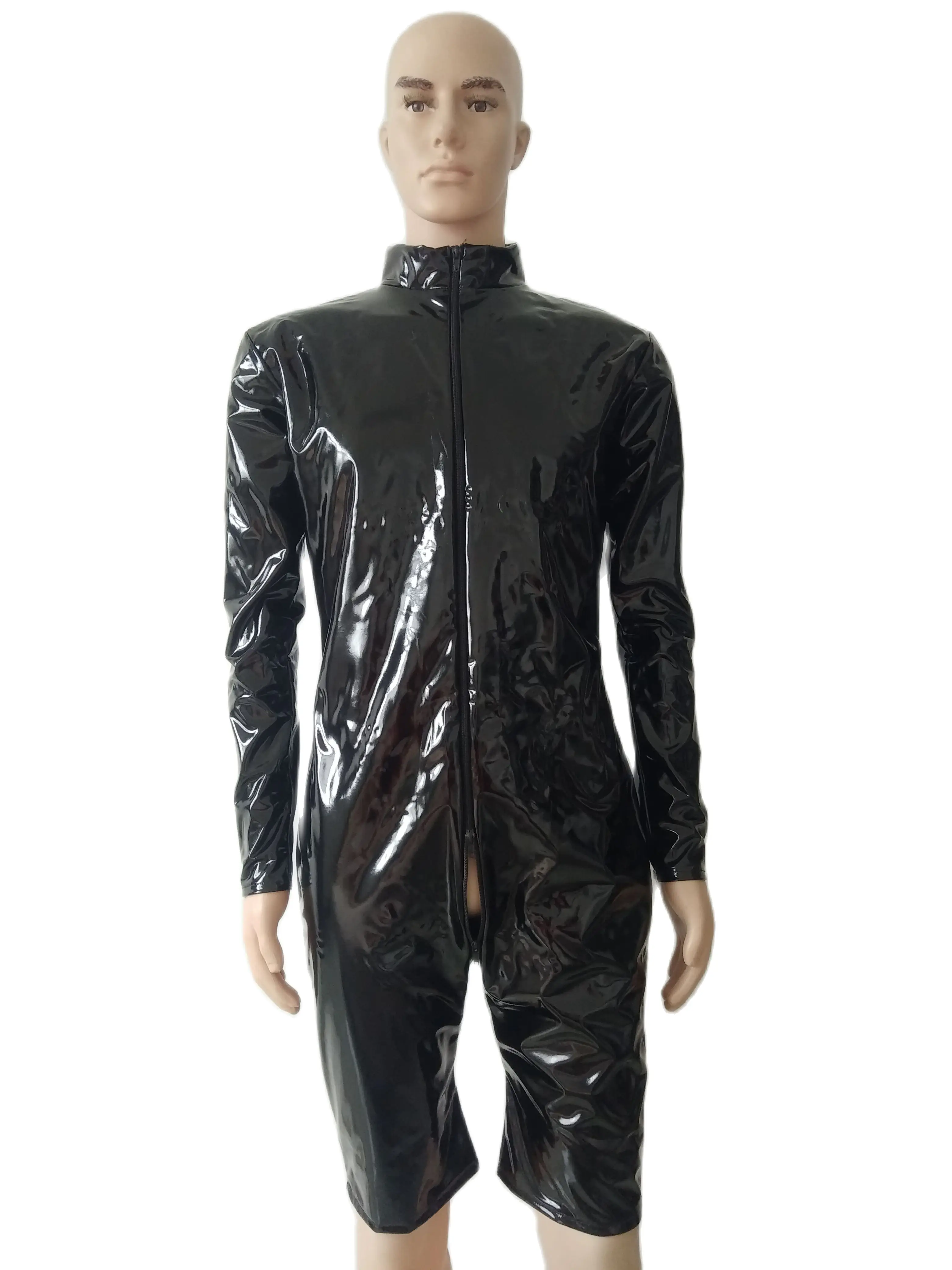 PVC Catsuit Costumes Mens Mock Neck Jumpsuit Long Sleeve Bodysuit faux Leather Clubwear Lingerie 3-ways front zipper to Hip