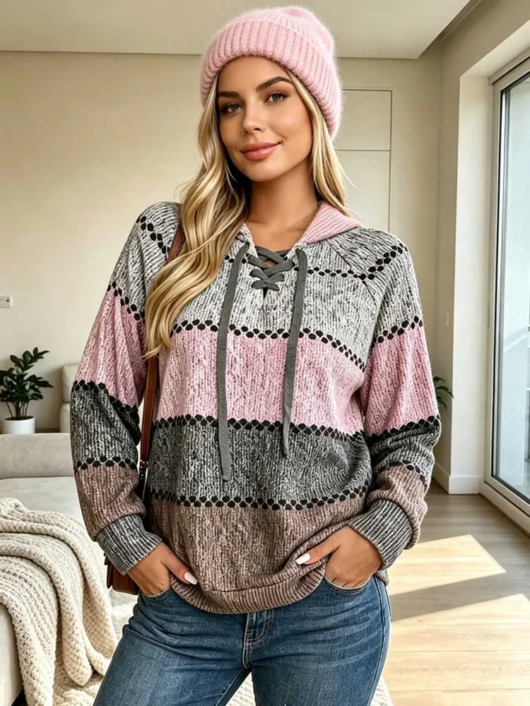 New Printed Hoodie Blouse Women 2026 Autumn Winter Loose Drawstring Pullover Sweatshirt Casual Streetwear Simple Long Sleeve Top