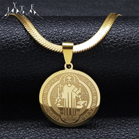 Hip Hop Saint Benedict Medallion Pendant Necklace Men Stainless Steel Snake Chain Choker Necklaces Jewelry San Benito Collares