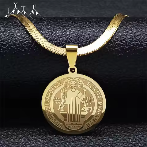 Collar con colgante de medallón de San Benito de Hip Hop para hombre, gargantilla de cadena de serpiente de acero inoxidable, joyería