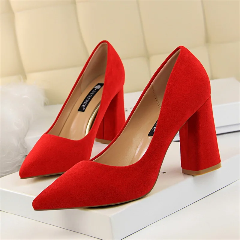 Summer Women Shallow Mouth Pointed Toe Pumps Elegant Sweet Wedding Block Square Middle Heels Flock Suede Single Shoes