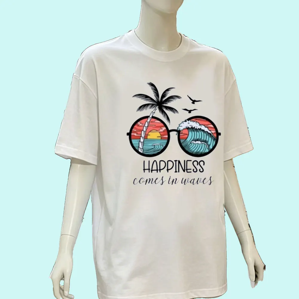 Happiness Comes in Waves Shirt Palm Tree Beach Shirt Aloha Tops Florida Tropical Clothes Adventure Tee Summer Women Clothes
