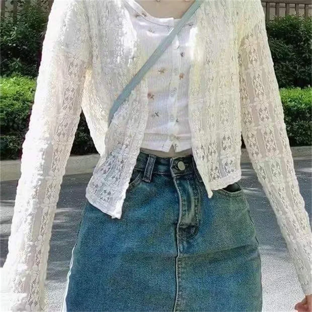 Fashion Summer cardigan Simple Office Ladies Blouses Women Lace Summer Sun-proof Thin Loose All-match Basic long sleeve Tops