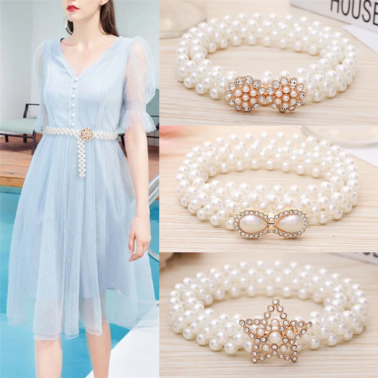 Korean and Japanese Fashion Women's Pearl Fine Waist Chain Matching Dress Summer Simple Inlaid Rhinestone Elastic Waistband