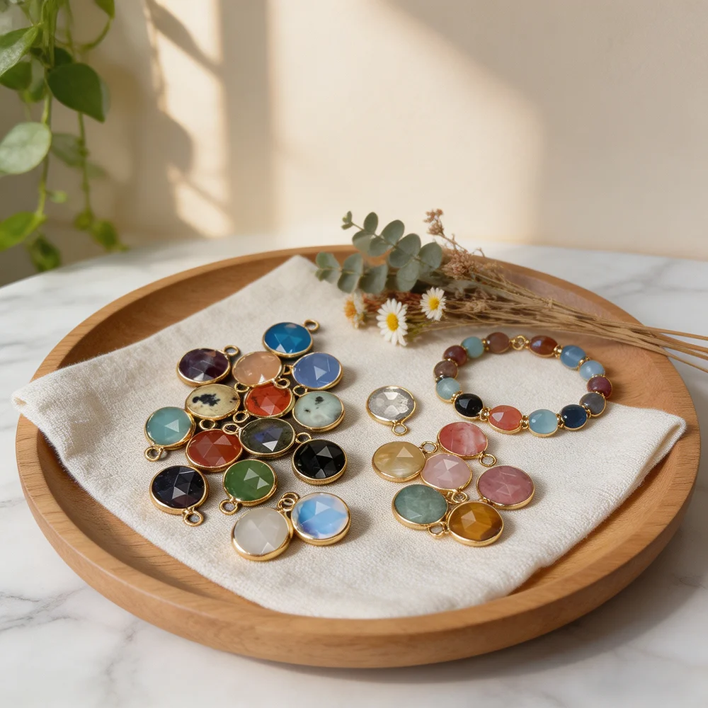 Exquisite Small Size Natural Stone Round Agate Crystal Pendant, Wrapped Metal Frame Single Hole Charm Necklace Earrings Jewelry