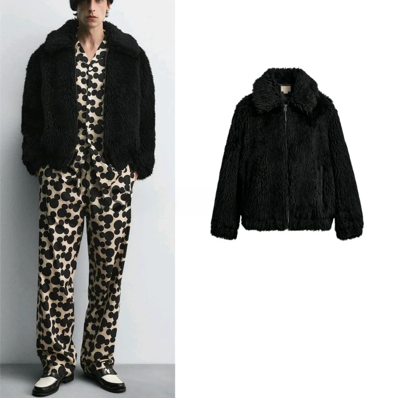 

Loose Fit Long Sve Faux Fur Effect Jaet Collared Outerwear for Men Autumn Winter New Arrival Casual Sle Zipper Closure