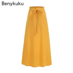 Solid Yellow Bow Front High Waist Long Skirts for Women 2025 Spring Summer Ladies Clothes Pockets Black Vintage Skirt Jupe Femme