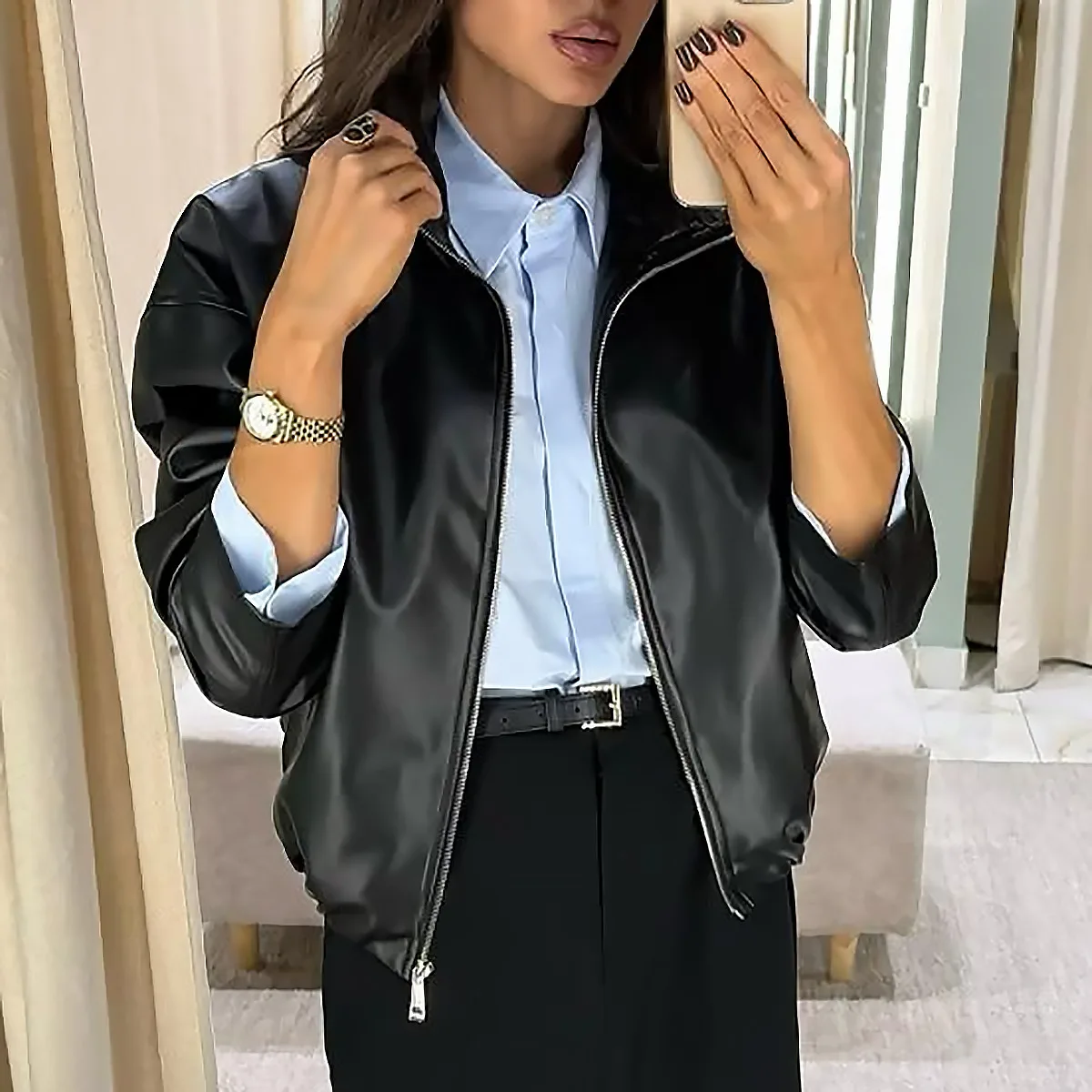 Women Faux Leather Jackets Zipper Turn Down Collar Coats Solid Long Sleeve Streetwear Jacket Work Regular Autumn Winter 2025