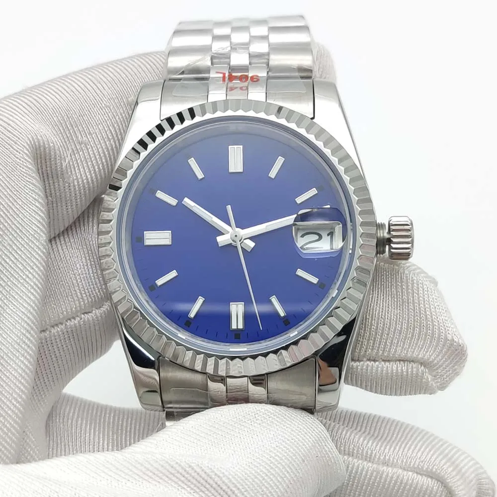 Herren-Automatikuhr NH35, Saphirglas, aseptisches Zifferblatt, wasserdicht, Edelstahl, mechanische Uhr, grün leuchtend