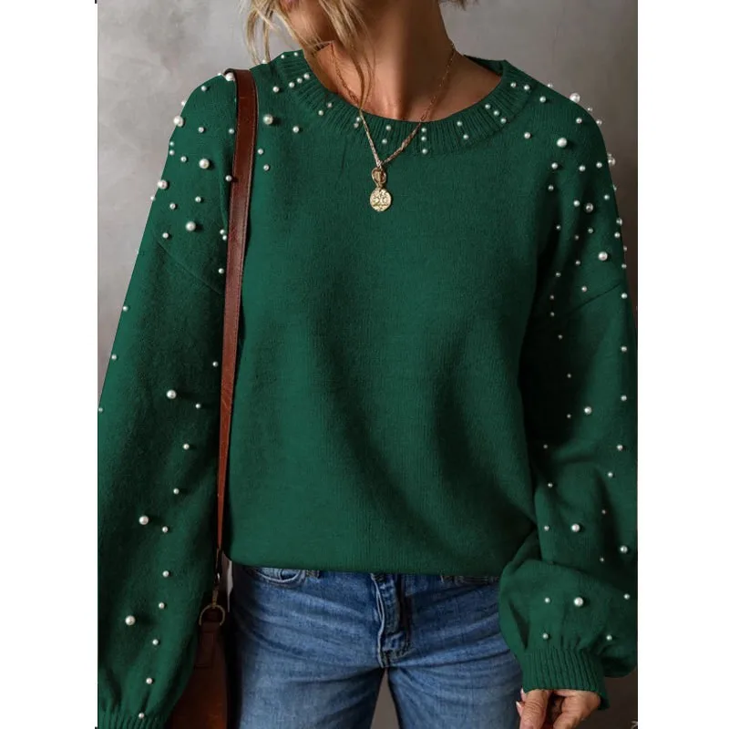 

Winter Clothes Woman Pulls Femmes Long Sleeves All-match Loose Simple Style Sweater Comfortable Fashion Nail Beads Temperament
