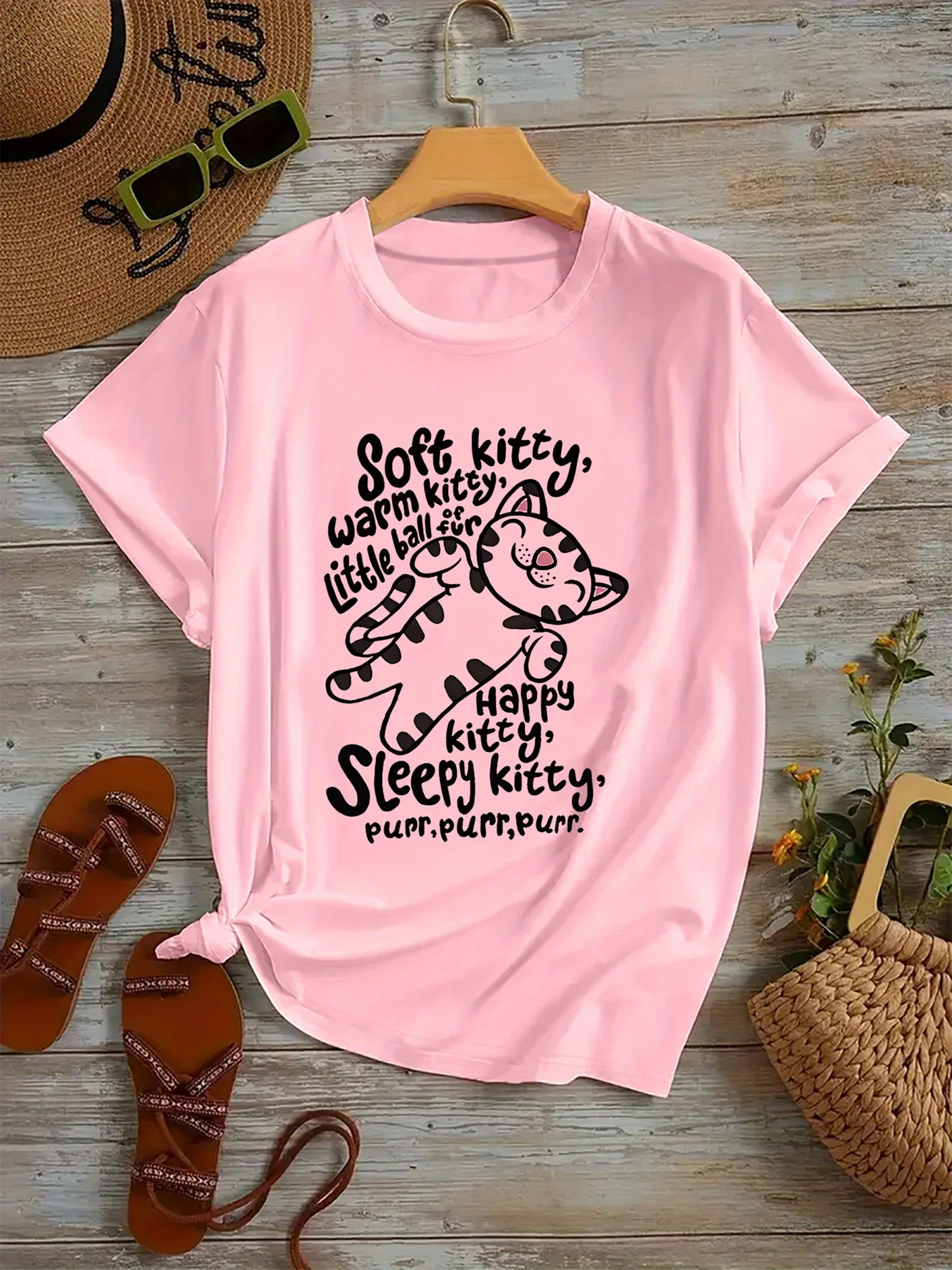 Print Lyrics Perfect Holiday Gift for Women Casual Wear Young Ladies Kitty Graphic Casual T-Shirt with Cute Cat
