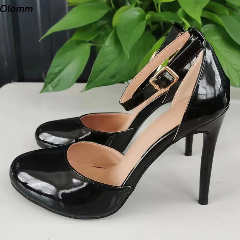 Olomm New Fashion Women Pumps Patent Leather Ankle Strap Stiletto Heels Round Toe Elegant Black Shoes Ladies US Plus Size 5-20
