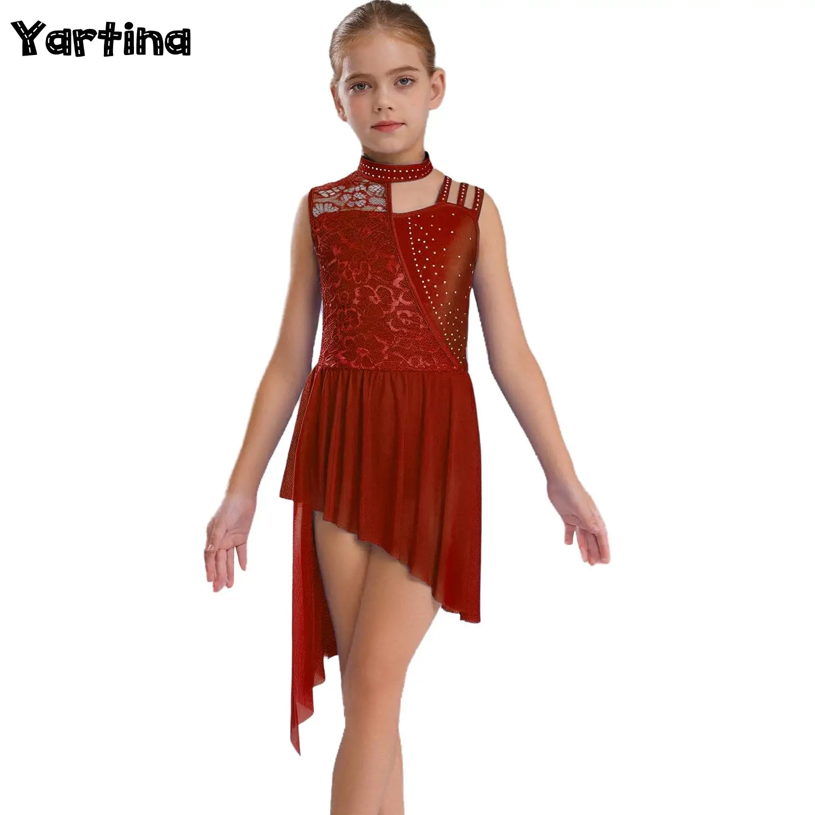 

Kids Girls Rhythmic Gymnastics Ballet Jersey Figure Skating Costume Floral Lace Rhinestones Lyrical Contemporary Dance Dresses