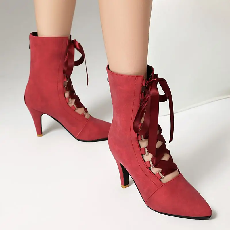 

ORCHA LISA Fashion New Casual Women's Ankle Boots Pointed Toe 8cm Thin Heel Zipper Lace Up Big Size 46-47 Sexy Dating Party