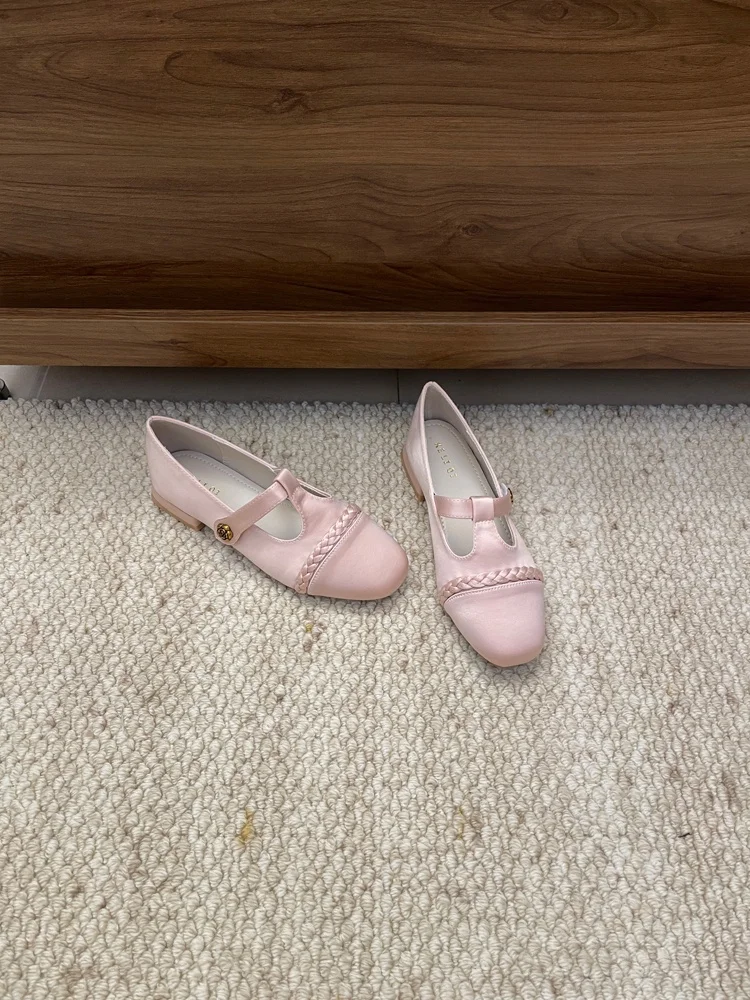 ballet-flat-mary-jane-shoes-women's-silk-sequin-design-korean-style-chunky-heel-commute-shoes-round-toe-slip-on-fashionable