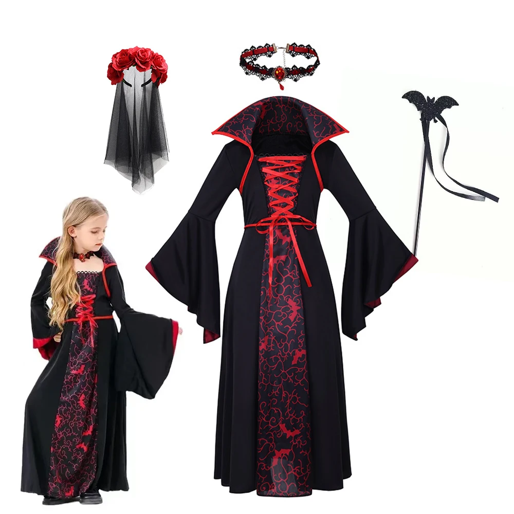 Girls Vampire Bride Cosplay Long Dress Kids Gothic Role‑Play Outfit with Flower Headwear Halloween Fancy Costume for Carnival image 5