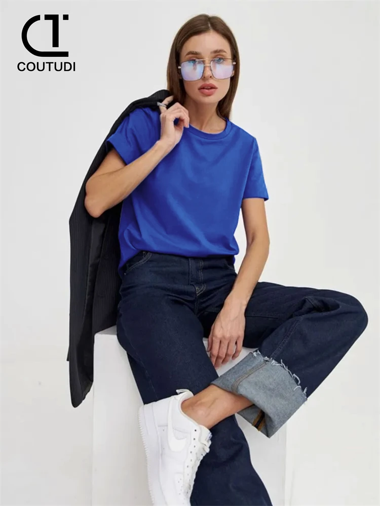 COUTUDI-Oversized Summer T Shirts for Women, Casual Streetwear, Korean Tees, Basic, Solid, Cotton Tops, Young Summer Cotton T