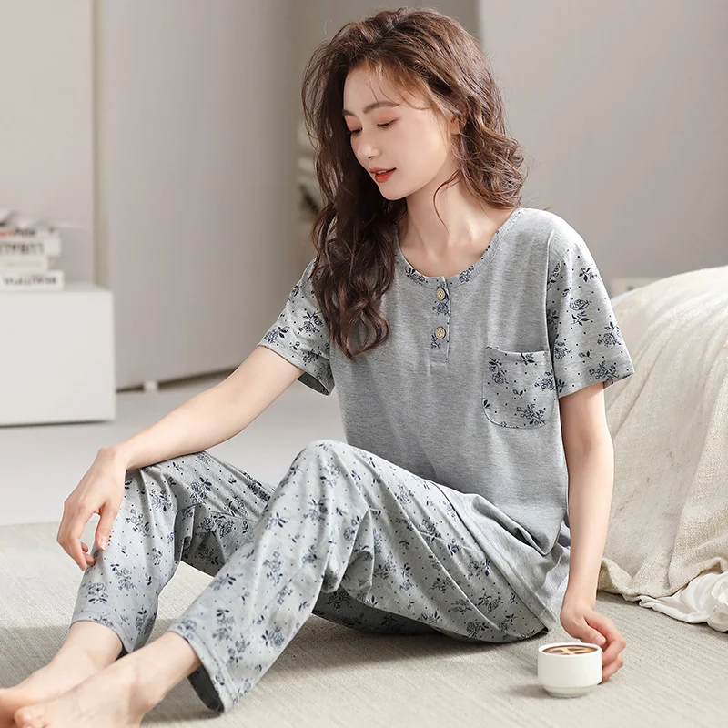 Newest Summer M-4XL Pyjamas Women Sleepwear Floral Print Pajamas Female Short Sleeve Long Pants Pijama