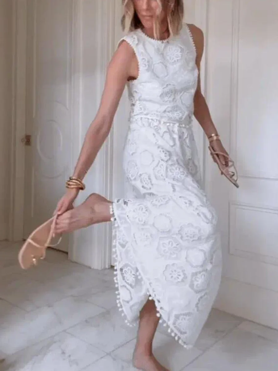 

Tassel Patchwork Sleeveless Party Suit Women's Fashion High Waisted Long Skirt Outfit Lace Embroidery Loose White Two Piece Set