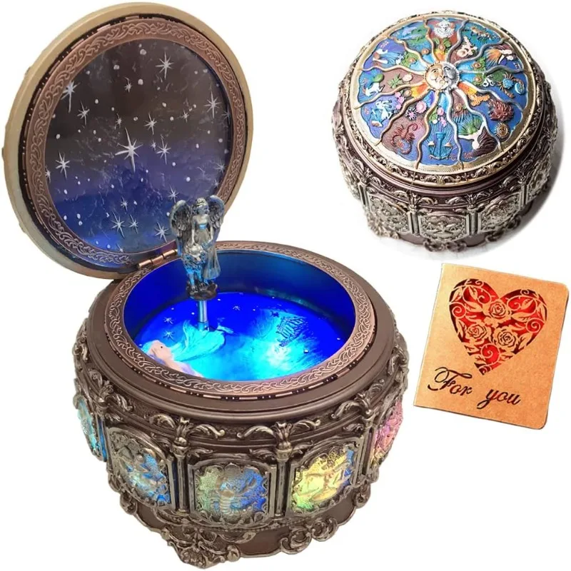 Vintage Music Box with Constellations Rotating Goddess LED Lights Twinkling Resin Carved Mechanism Musical Box with Sankyo