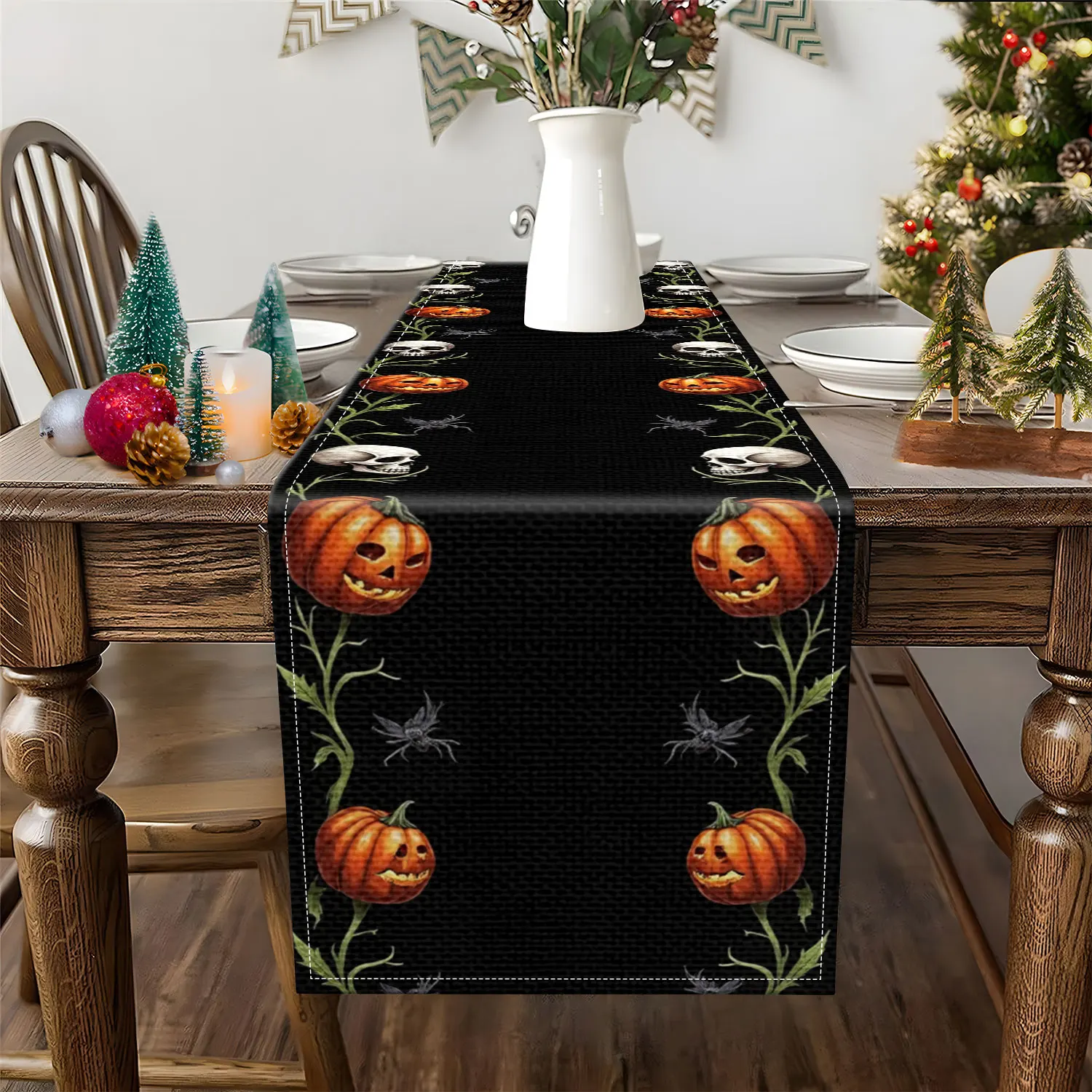 1 Piece Halloween-Themed Table Runner, Featuring Vine Manes, Pumpkins, Bats, and Skull Patterns, Suitable for Halloween Parties and Holiday Decorations