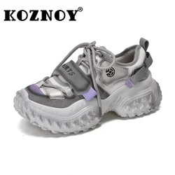 Koznoy 6cm Air Mesh Leather Pigskin Women Mixed Color Fashion Chunky Sneaker Comfy Spring Ankle Boots Flats Booties Summer Shoes