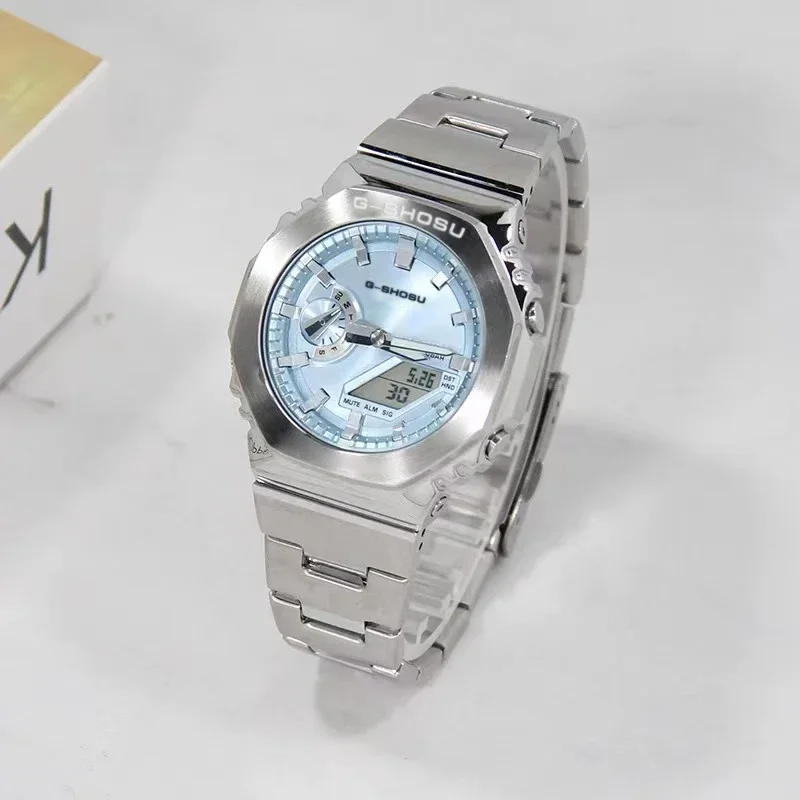 ASD ساعة إلكترونية رقمية رياضية كاملة الوظائف LED شاشة مزدوجة حزام فولاذي بالتوقيت العالمي قرص كبير