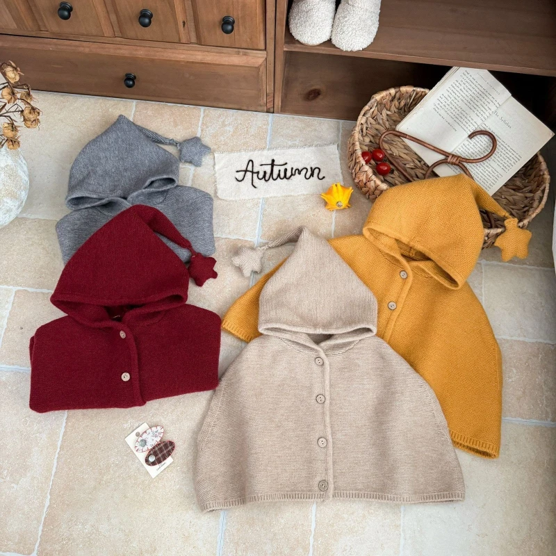 2026 Autumn and Winter New Children's Stylish Warm and Thick Solid Color Hooded Single Breasted Outerwear Cloak