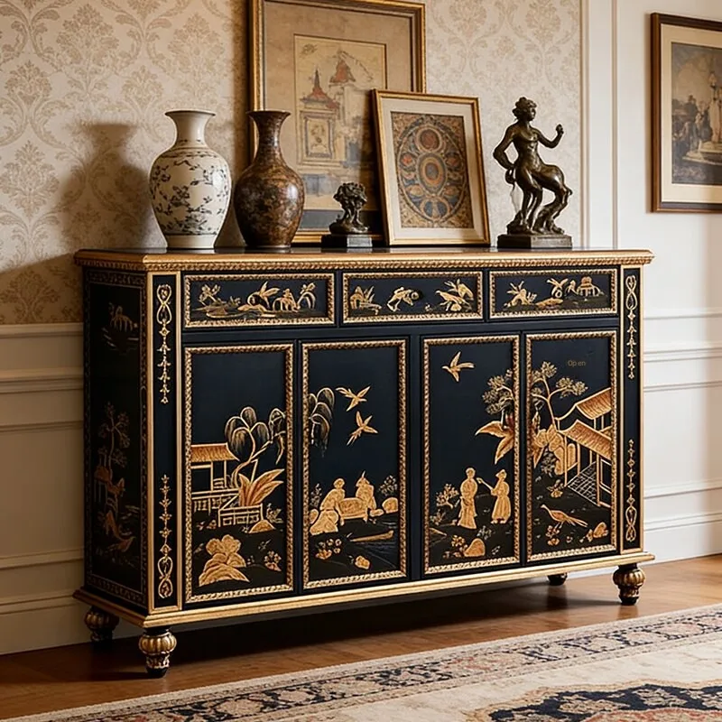 ^French-Chinese New Chinese Style Solid Wood Entryway Cabinet Custom-Sized Painted Door Panels Fully Assembled Frame Bespoke
